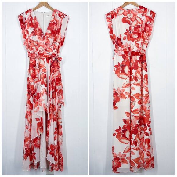 Eliza J Floral Chiffon High Low Dress Surplice Neck Tie Waist Size 10 Red White - Picture 16 of 16